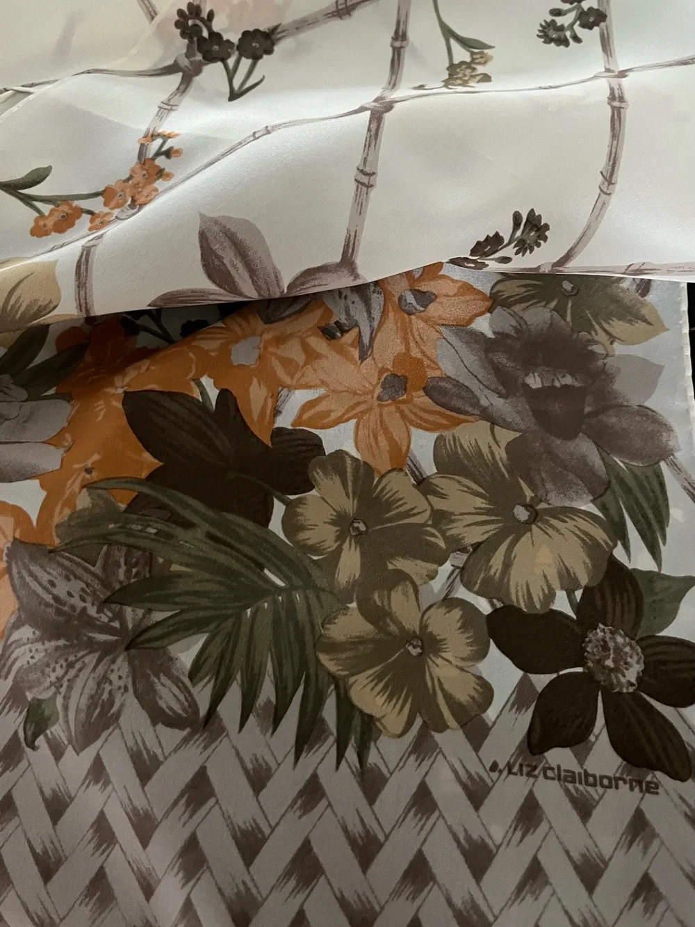 Vintage Liz Claiborne Silk Scarf Like New 50x11 Floral Trellis Cottagecore